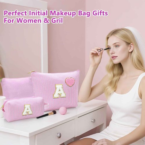 YILANCOL Initial Makeup Bag Personalized Preppy Cosmetic Bag Trendy Toiletry Travel Bag For Teen Girls Kids Women Letter Makeup Pouch Purse Holiday Gifts Birthday Christmas Gifts 2pack (K, Blue)