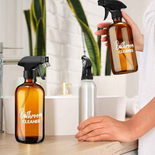 Tioncy Empty Amber Glass Spray Bottles with Labels 2 Pack Large 16oz Refillable Bottle for Essential Oils Plants Cleaning Solutions Hair Mister Adjustable Nozzle(Kitchen Cleaner and Bathroom Cleaner)