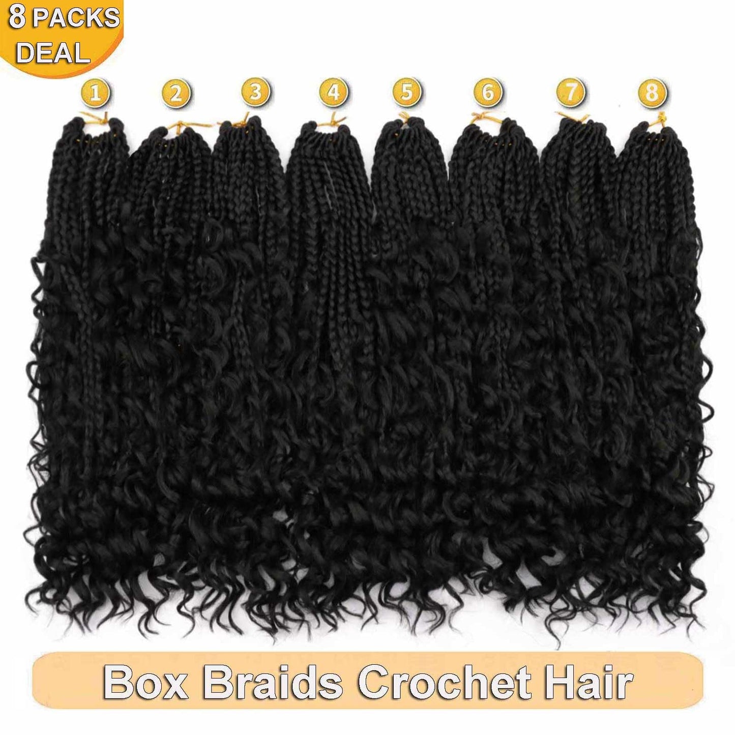 8 Packs Goddess Box Braids Crochet Hair 14 Inch Crochet Box Braids with Curly Ends Boho Braids Bohemian Box Braid Hair for Women (1B, 14 inch 8 pack)