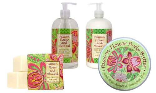 Greenwich Bay Body Care Spa Quartet - Hand Soap, Lotion, Body Butter, and Soap Bar Square - Luxurious Shea Butter Skin Care in Captivating Botanical Scents (Passion Flower & Olive Oil)