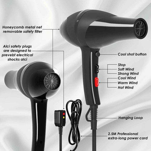 Conhaze Hair Dryer, Professional Ionic Blow Dryer with Diffuser for Curly Hair,2400W Powerful Fast Drying Hairdryer Blowdryer for Women Men Home Salon Hair Styling,Constant Temp Low Noise