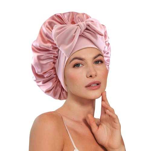 Double Layer Satin Silk Hair Bonnet for Sleeping Women Reversible Adjustable Bonnet with Tie Band for Curly Natural Braids Hair - Blush Pink