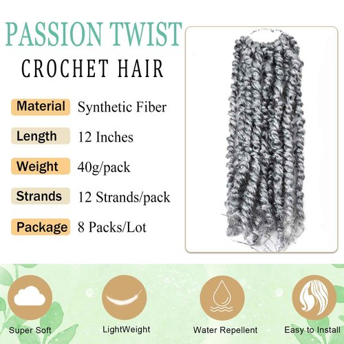 12 Inch Passion Twist Crochet Hair for Black Women 8 Packs Pre-twisted Passion Twists Pre-looped Crochet Braids Hair Bohemian Twists Synthetic Braiding Hair Extensions (12Strands/Pack,TGrey#)