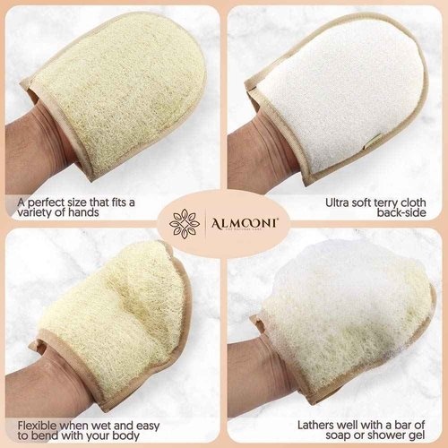 Premium Exfoliating Loofah Glove Pad Scrubber for Body and Face. Our Pads are Made with Natural Egyptian Shower Loofah Sponge That Gets You Clean, Not Just Spreading Soap