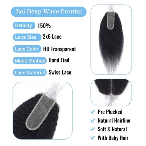 Kinky Straight 2x6 HD Lace Frontal Closure 12A Brazilian Raw Virgin Yaki Kinky Straight Human Hair Closure Natural Hairline Pre Plucked 14 Inch