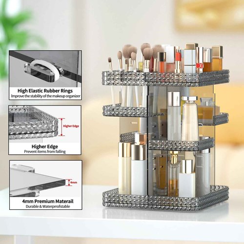 BOCONY Rotating Makeup Organizer, Large Capacity Cosmetic Display Case, Acrylic Skincare Organizer with Makeup Brush, Makeup Storage Organizer for Dresser Countertop and Bathroom Vanity - Grey