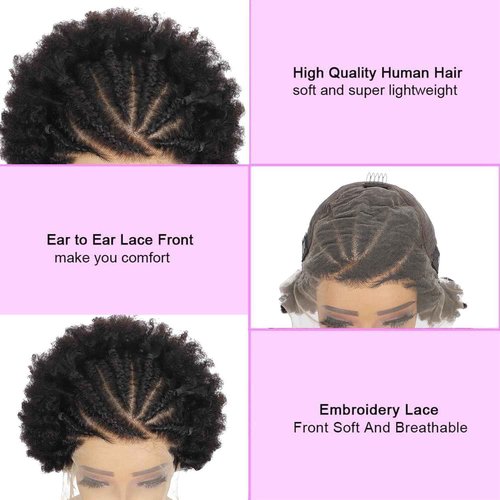 SODLIS Braided Wigs for Black Women 13x6 Lace Front Braideds Wigs Afro Puff Lace Frontal Hair Wig Afro KinkyCurly Human Hair Brazilian Curly Lace Front Wig 6 Inch