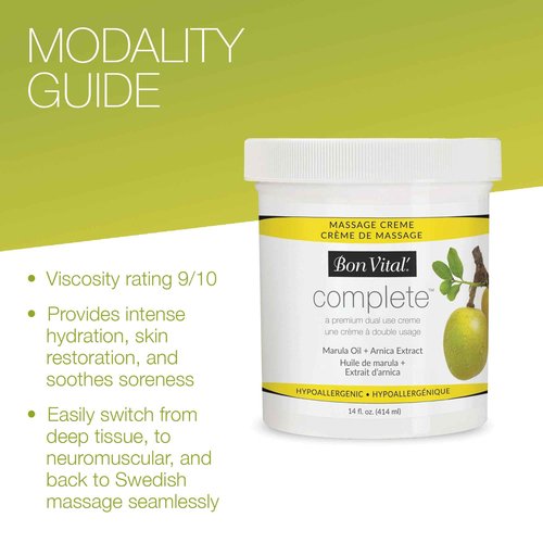 Bon Vital Complete Massage Creme, 14oz Jar, Unscented Non-Greasy Cream with Marula, Olive & Jojoba Oils, Hypoallergenic Moisturizer for Professional or Home Use, Premium Dual-Purpose, Massage Therapy