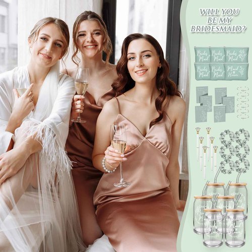 Irenare 36 Pcs Bridesmaid Proposal Gifts Set of 6 Will You Be My Bridesmaid 16 oz Glass Cup Brides Maid Cosmetic Bags Cards Bracelets Bridal Shower Favor Wedding Supplies Bachelorette Party(Green)