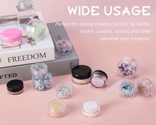 50 Count 5 Gram Sample Containers, Clear Lip Balm Containers with Lids, Small Plastic Sample Jars with 4 Mini Spoons, 50pcs Labels (Black Lid)