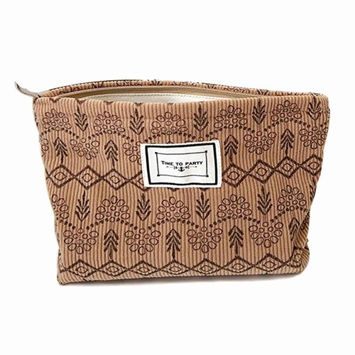 SAING S A I N G Flower Fabric Makeup Bag for Purse, Vintage Corduroy Cosmetic Pouch Bag, Portable Travel Handbag for Women Girls (Vintage Khaki)
