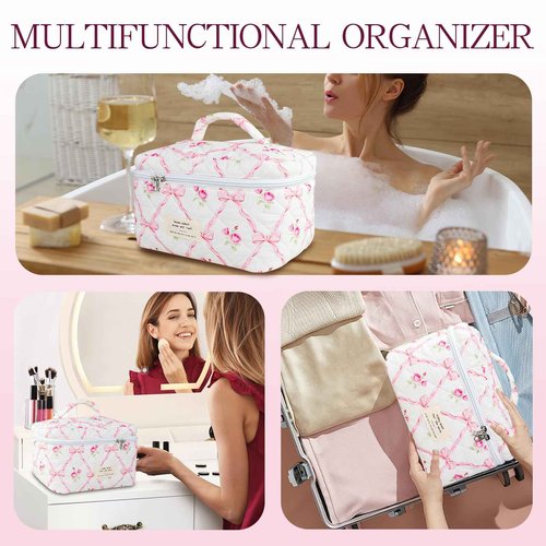 AMZMA Bow Makeup Bag Organizer, Travel Makeup Bags for Women, Quilted Cosmetic Bag for Women, Large Travel Toiletry Bag, Cute Makeup Bags for Teen Girls, Cute Toiletry Bag Organizer