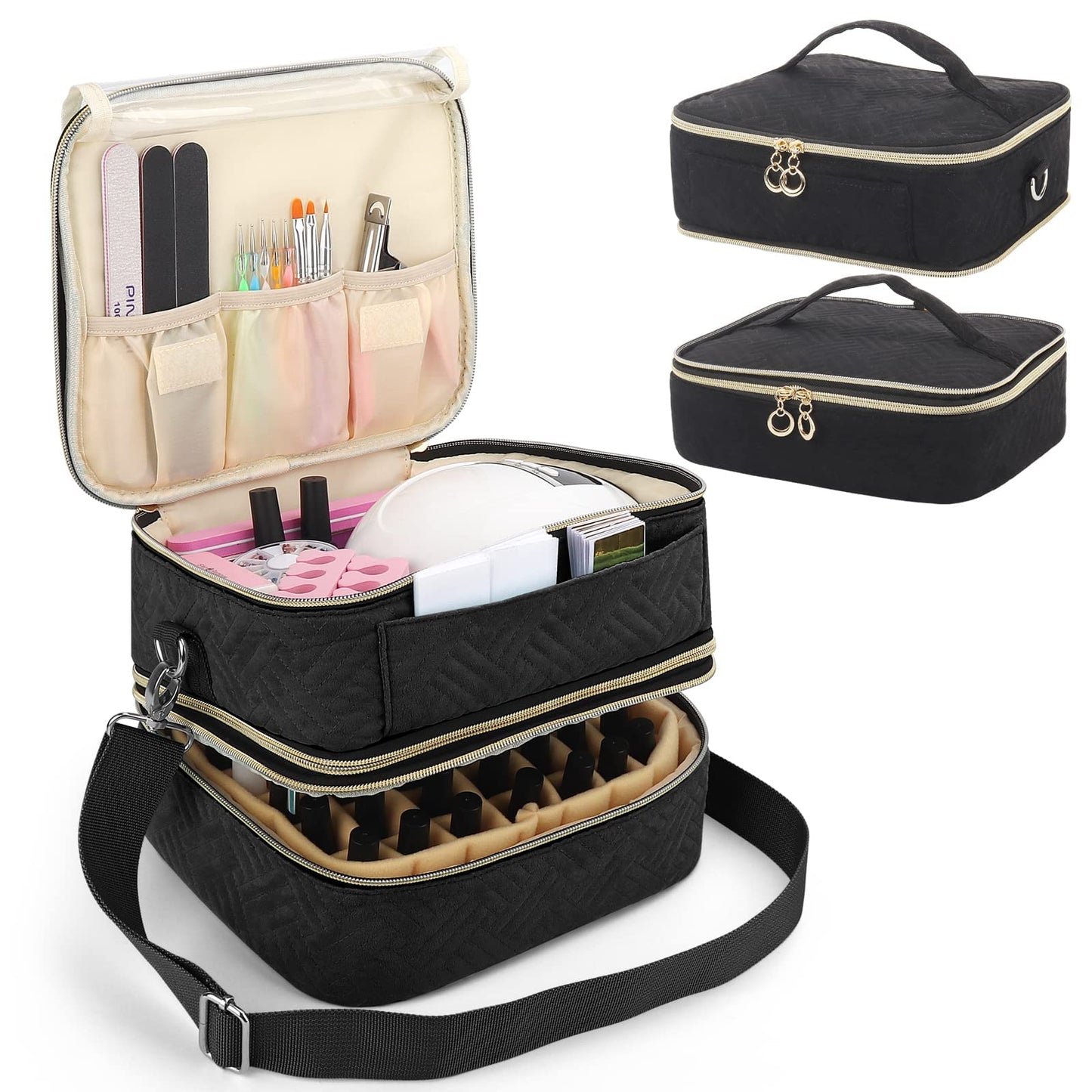 Double Layers Carrying Bag, Detachable Nail Polish Storage Organizer Case, Holds 42 Bottles Gel Nail Polish and 1 Led Nail Lamp, Travel Makeup for Nail Art Tools and Manicure Accessories