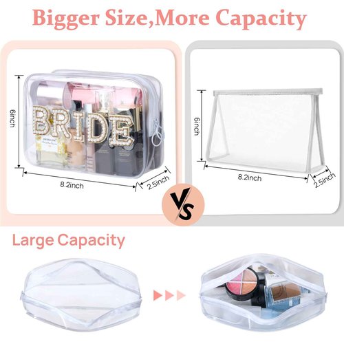 Etercycle Bride Clear Makeup Bag, Bridal Shower Gifts Engagement Cosmetic Bag, Bling Pearl Rhinestone Letter Patches Waterproof PVC Travel Organizer for Women Wedding Bachelorette Party (Gold)