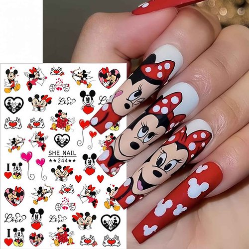Cute Nail Art Stickers 6 Sheets - 3D Self Adhesive Cartoon Nail Decals for Valentine's Day - Heart Kawaii Charms for Women Girls - Nail Decoration Supplies