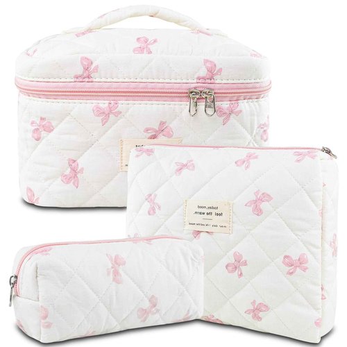 AMZMA Makeup Bag, 3 PCS Quilted Makeup Bag, Cute Floral Cotton Cosmetic Bag set, Coquette Makeup Pouch Large Travel Toiletry Bag