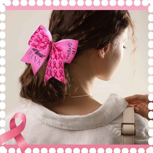 Suncalla 48 Pcs 7 Inches Breast Cancer Awareness Cheer Hair Bows Large Pink Ribbon Bow Scrunchie Glitter Hair Accessories Breast Cancer Awareness Decoration Elastic Scrunchie Band for Women