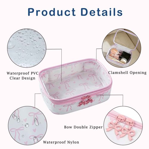 RSRSLEII Cute Clear Makeup Bag with Bow Pattern,Transparent Nylon Travel Cosmetic Case with Zipper,Portable Makeup Organizer Pouch for Essentials(01Pink)
