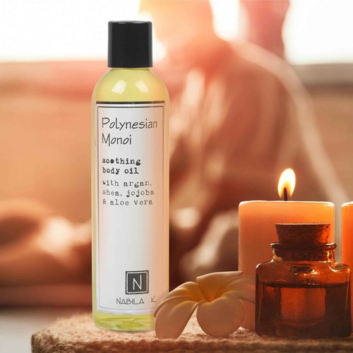Nabila K Polynesian Monoi (Monoi de Tahiti Flower Scent) Body Oil, 9 oz Moisturize & Nourish with Argan & Coconut Oil - Vitamin C Enriched - Naturally Derived, Vegan-Friendly
