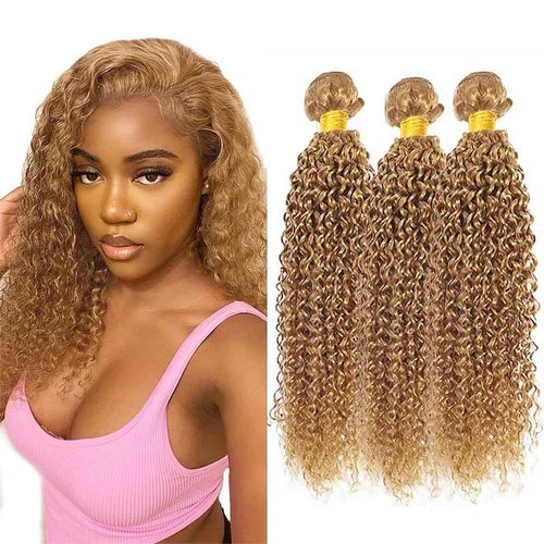 Honey Blonde Human Hair Bundles 14 16 18 Inch Kinky Curly Wave Bundles Human Hair Unprocessed Native Virgin Hair 100/PC 3 Extensions #27 Blonde Color Wet and Wavy Human Hair Extensions for Women