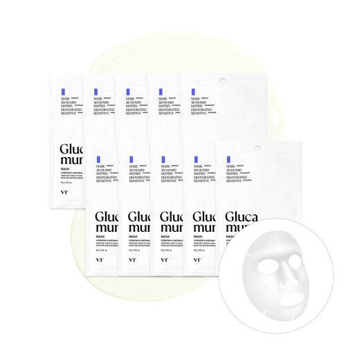 VT COSMETICS Glucamune Mask, Hydrating Vegan Sheet Mask for Face, Hypoallergenic, Fragrance-Free, for Dry & Sensitive Skin, Beta-Glucan, Glucosamine, Glass Skin Glow, Korean Skincare (10 pcs)