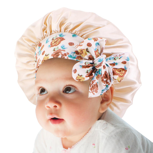 FULDGAENR Kids Silk Satin Baby Bonnets for Toddler Sleep, Baby Hair Bonnet for Hair Infant, Baby Girl Toddler Bonnet with Tie Band, Shower Cap Hair Wrap for Curly Hair Showercap (Gold)