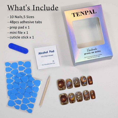 TENPAL Handmade Short Square Press on Nails with Kit,Golden Brown Chrome Hand-Sculpted Toffee Blooms & Gilded Edge Designs Glue on Nails,Glossy Sunset Metallic Cat Eye Fake Nails for Fall Winter(S)