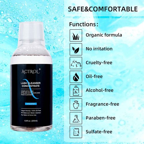 ACTROL Eyelash Cleanser Concentrate 200ml Unscented Professional Lash Shampoo Foaming Cleanser Lash Wash Concentrate for Extensions Lashes with Salon Home Care-Makes 40 Bottles