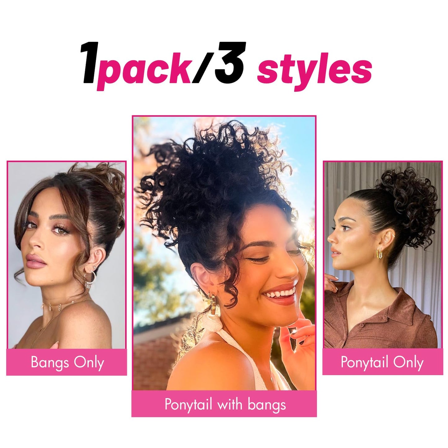 UAmy hair Loose Wave Curly Messy Bun Hairpiece with Bangs for Women Black Brown Elastic Drawstring Short Ponytail Extension with 2Pcs Front Side Bangs Fluffy Messy Hair Bun Synthetic Hairpieces