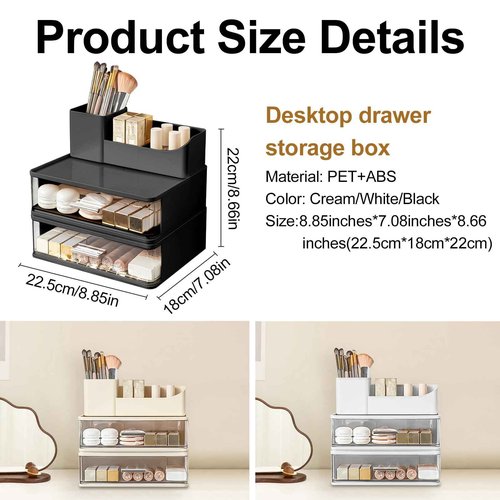 DASITON Makeup Organizer for Vanity with 2 Drawers, Stackable Cosmetic Organizer with Makeup Brush Holder, Plastic Bathroom Organizer Skincare Storage for Brushes, Eyeshadow, Lotions, Lipstick (Black)