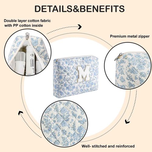 WHHJM Alphabet Makeup Bag Cosmetic Bag for Women, Christmas Gifts for Age 11-18, Personalized Floral Coquette Travel Bag, Trendy Stuff Zipper Make Up Pouch Organizer Bag (Blue Floral M)