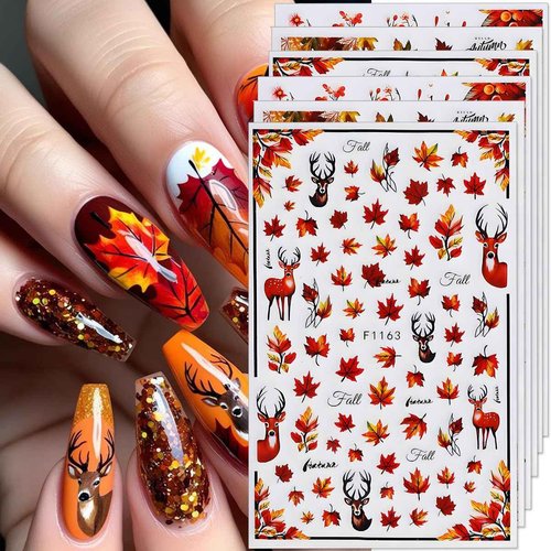 Fall Nail Art Stickers Autumn Maple Leaf Nail Decals 6PCS Autumn Leaves Deer Design 3D Self-Adhesive Nail Art Decorations Supplies Fall Stickers for Nails Women Thanksgiving Day DIY Manicure Decor