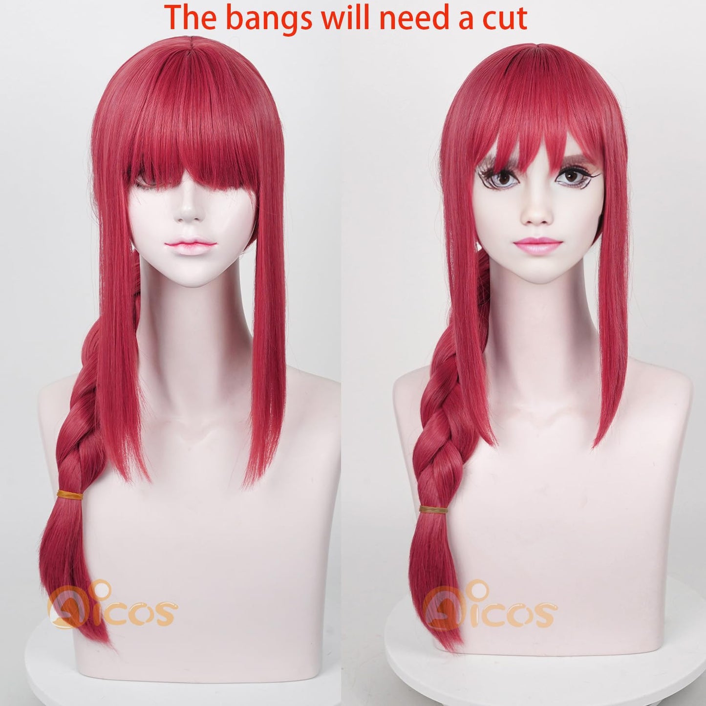 Aicos Red Wavy Angel Devil Cosplay Wig for Women with Wig Cap