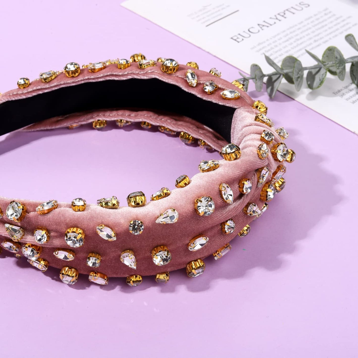 CENAPOG Rhinestone Knotted Headband for Women Sparkly Crystal Embellished Hairbands Twist Turban Headband Elastic Wide Velvet Hair Hoop Party Wedding Headwear for Girls (light-pink)