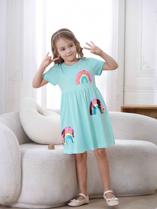 Hongshilian Toddler Girl Cotton Casual Dress Cartoon Appliques Short Sleeve Tunic Jersey Clothing(6T,Rainbow & Sequin)