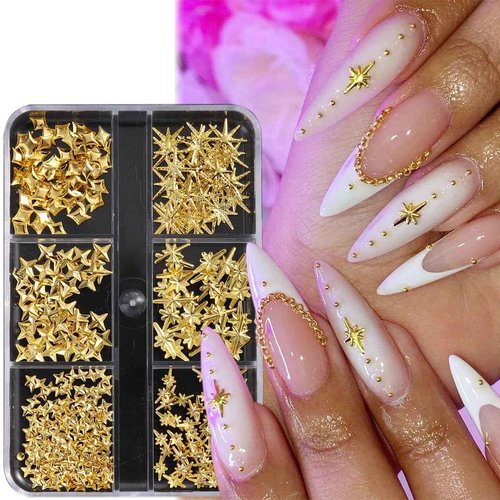 Fspronail Star Nail Charms, 2 Boxes Gold Nail Charms Twinkle Stars Cross Metal Charms for Nails Design Studs Rivets Mix Size Gold Caviar Nail Beads Y2K Decoration for Acrylic Nails