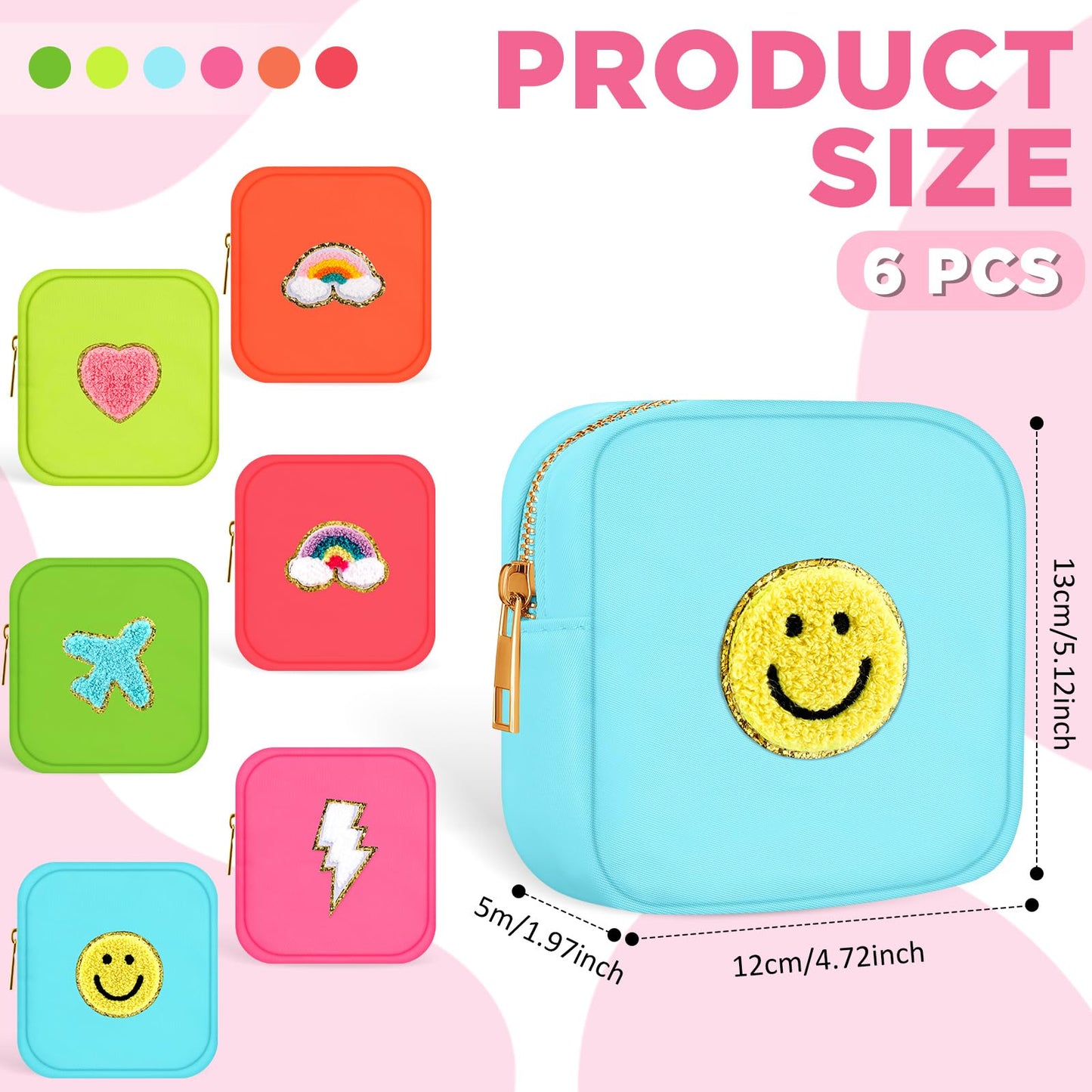 Zubebe 6 Pcs Preppy Patch Cute Makeup Bags Toiletry Bags Skincare Bag Chenille Letter Nylon Bag for Purse Small Zipper Cosmetic Makeup Pouch Preppy Things for Travel (Fluorescent Color)