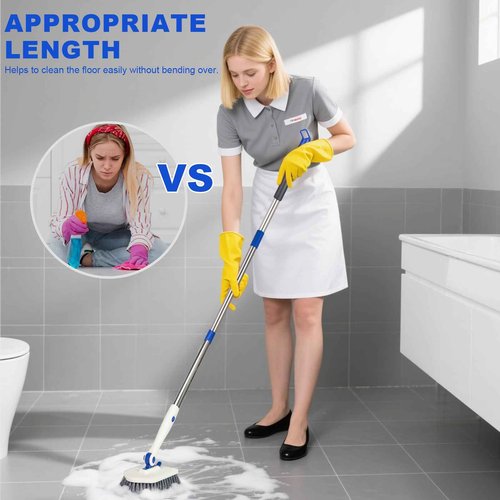 Tile Tub Scrubber Brush with 52-inch Adjustable Long Handle 3-in-1 Rotatable Shower Brush for Cleaning，3 Different Replacement Brush Heads for Cleaning Tub Tile Bathroom Kitchen Walls ，Blue