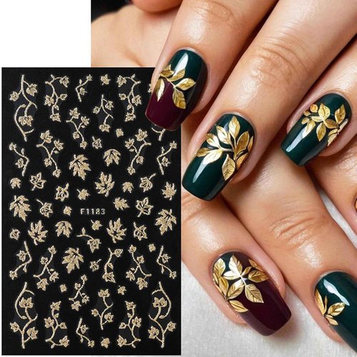 6 Sheets Fall Nail Stickers for Nail Art Gold Glitter Flower Leaf Nail Decals 3D Self-Adhesive Autumn Thanksgiving Nail Decals Fall Leaves Nail Decoration for Women DIY Manicure Nails Supplies