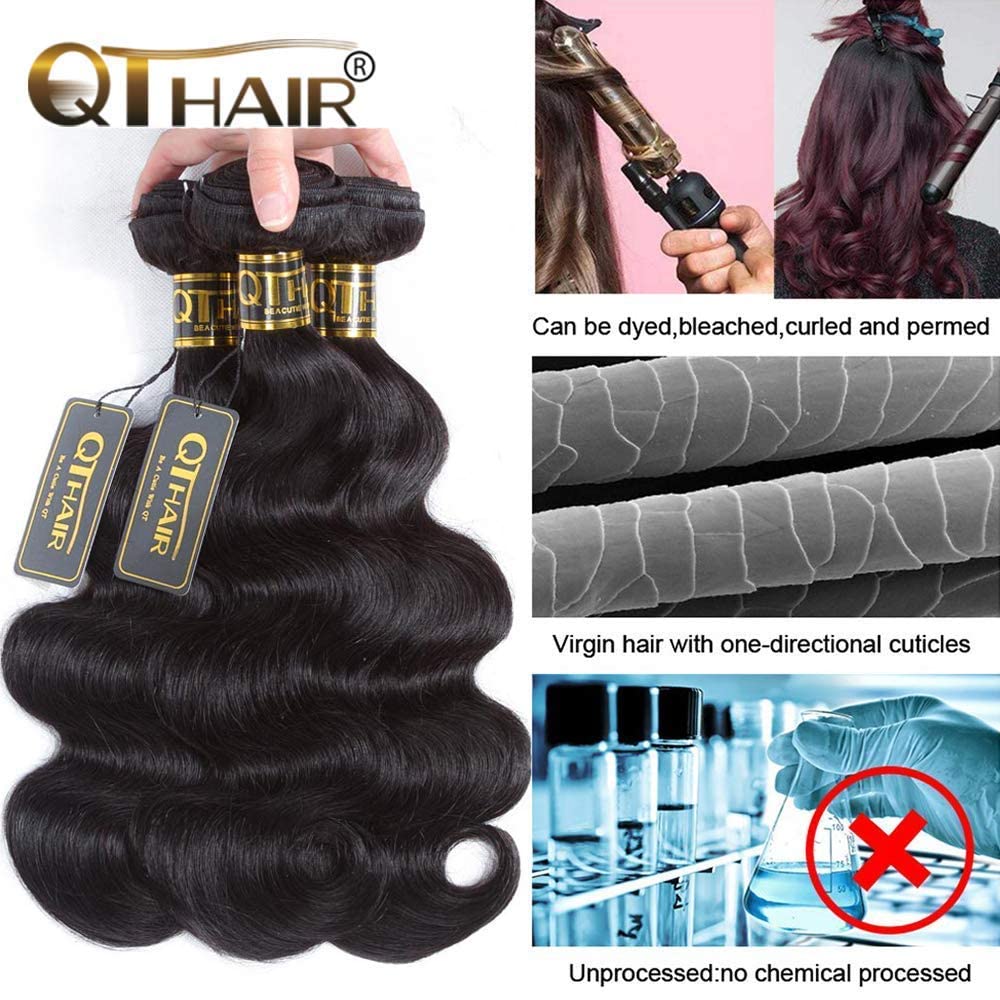 QTHAIR 14A Grade Brazilian Body Wave Human Hair Bundles with Closure Human Hair Weave with Closure (14" 16" 18" with 12") 100% Unprocessed Brazilian Virgin Hair 4x4 Swiss Lace Closure