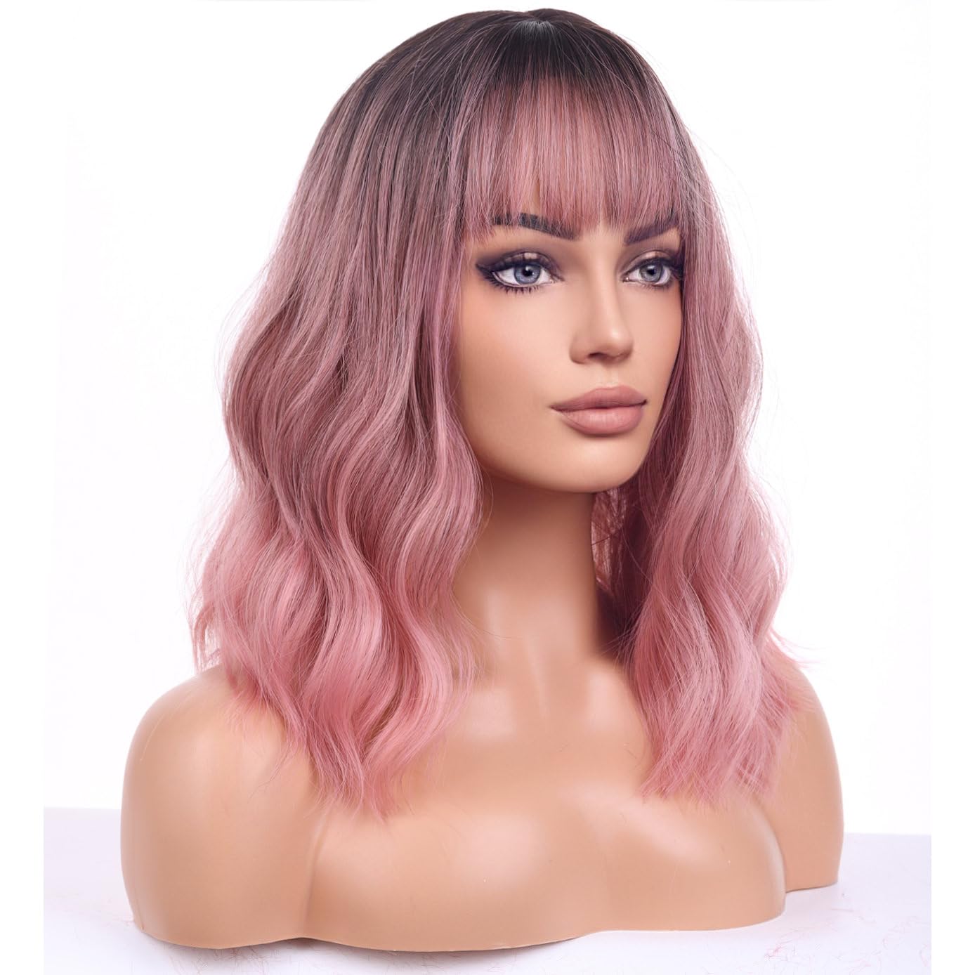 BERON Ombre Pink Wigs Short Curly Bob Wig with Bangs Ombre Color Wavy Hair Wigs Women's Synthetic Wigs Daily Party Use