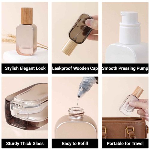 Segbeauty 1oz Empty Glass Lotion Dispenser with Pump, 4pcs Glass Travel Pump Bottle Refillable, 30ml Mini Travel Lotion Container for Toiletries in Mixed Color, Leakproof Small Bottles for Liquids