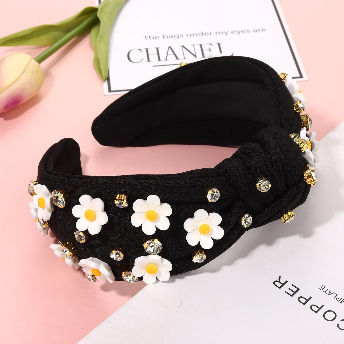 NVENF Flower Headbands for Women Spring Summer Floral Knotted Headbands Crystal Rhinestone White Pink Wide Top Knot Headband Beach Summer Hair Accessories Outfits Gifts (Flower B - Black)