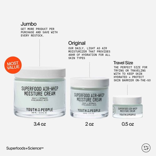 Youth To The People Superfood Air-Whip Moisture Cream Full Size - Kale + Green Tea Hyaluronic Acid Face Moisturizer, Smooths + Hydrates Up to 48HR with Dewy Glow, Non-Greasy Lightweight Gel - 2 fl oz
