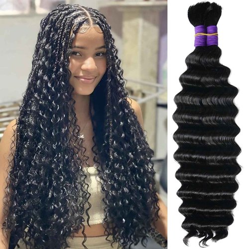 Human Braiding Hair for Boho Braids Deep Water Wave Crochet Hair Extensions Boho Hair for Braiding 12A 110g 2 Bundles/Pack Natural Color Pre-Stretched 16 Inch