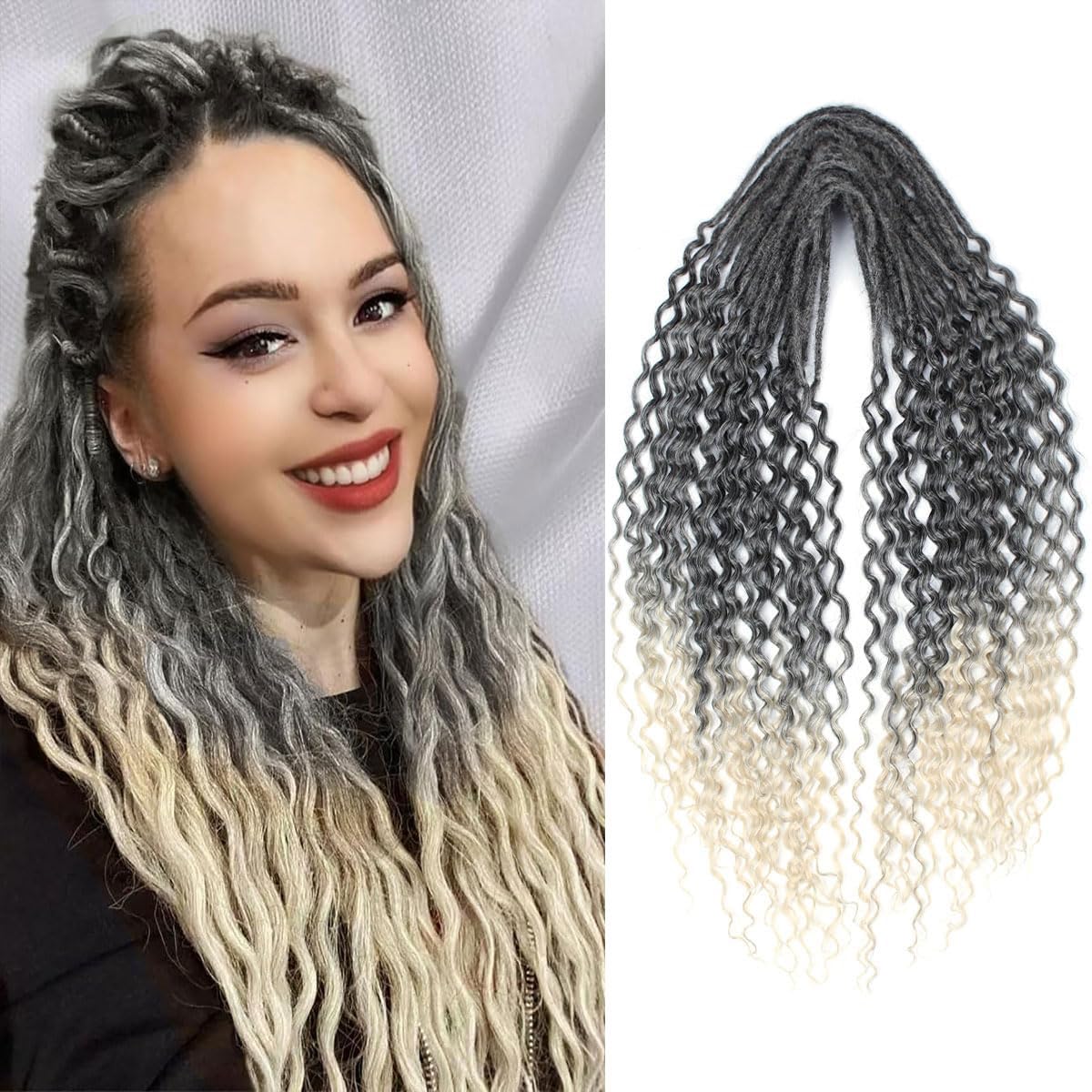 Sangtok 24 inch DE Curly Dreadlock Extensions, 10pcs Synthetic Double Ended Dreads Extensions with Curly Ended Ombre Dark Brown Wavy Dreadlock Extensions for Women