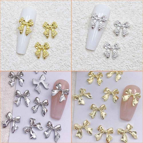 Bow Nail Charms,40pcs Gold and Silver Nail Charms Bowknots Nail Art Charms Bow Charms for Nails Design