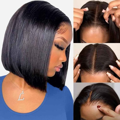 Enivuoso 13x4 Human Hair Bob Wig Lace Front Pre Plucked Pre Cut Transparent Lace Front Wigs Human Hair for Black Women Short Straight Bob Wigs No Glue Lace Closure Wigs (Natural Black-130%, 10 Inch)