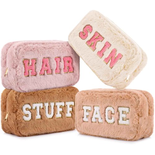 Paterr 4 Pieces Preppy Makeup Bag Chenille Letter Faux Fur Fluffy Bag Preppy Stuff Face Skin Hair Stuff Cute Toiletry Cosmetic Travel Bags Pouch with Zipper for Girls Women(Pink Brown)