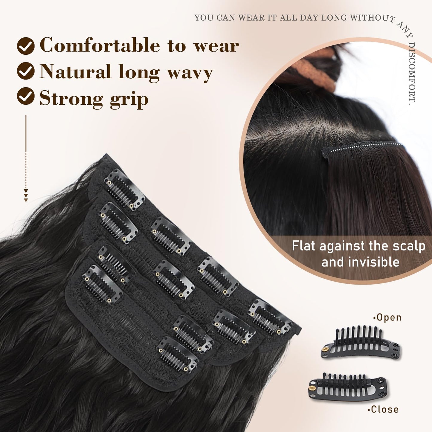 QGZ Natural Black Clip in Hair Extensions for Women 4 PCS Set of Thick, Synthetic Long Wavy Hair Extension 20 Inch